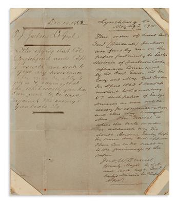 (CIVIL WAR.) JACKSON, THOMAS J. STONEWALL. Autograph Letter Signed, T.J. Jackson / Lt. Genl, to General Jubal Early (General), i